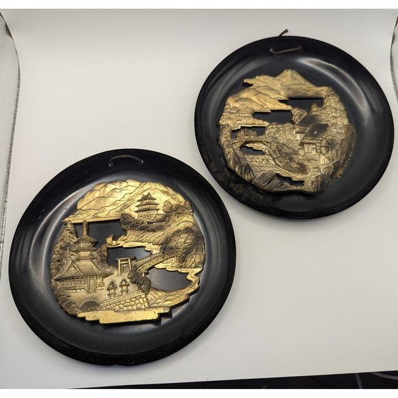 The World Gift Co Inc Other - Vintage Japanese Black Gold 3D Relief Wall Plaques Set 2 The World Gift Co Japan